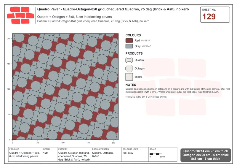 Interlock (Pasco) 20x14 cm · QUA-129 · Quadro-Octagon-8x8 grid, chequered Quadros, 75 deg (Brick & Ash), no kerb · Laying plan