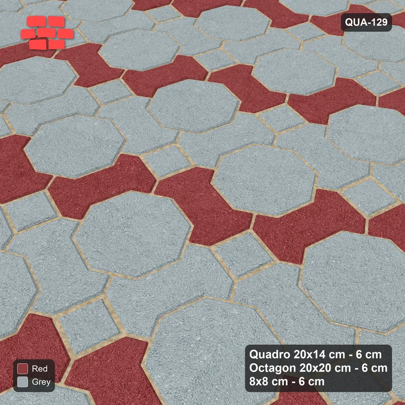 Interlock (Pasco) 20x14 cm · QUA-129 · Quadro-Octagon-8x8 grid, chequered Quadros, 75 deg (Brick & Ash), no kerb · Side view Interlock (Pasco) 20x14 cm · QUA-129 · Quadro-Octagon-8x8 grid, chequered Quadros, 75 deg (Brick & Ash), no kerb · Side view