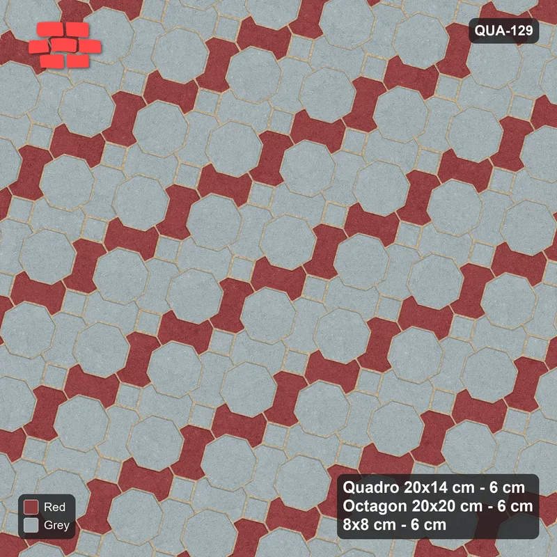 Interlock (Pasco) 20x14 cm · QUA-129 · Quadro-Octagon-8x8 grid, chequered Quadros, 75 deg (Brick & Ash), no kerb · Top view Interlock (Pasco) 20x14 cm · QUA-129 · Quadro-Octagon-8x8 grid, chequered Quadros, 75 deg (Brick & Ash), no kerb · Top view