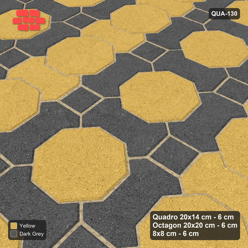 Interlock (Pasco) 20x14 cm · QUA-130 · Quadro-Octagon-8x8 grid, alternating Quadro files, 5 deg (Mustard Slate), Kerb 54B kerb · Side view Interlock (Pasco) 20x14 cm · QUA-130 · Quadro-Octagon-8x8 grid, alternating Quadro files, 5 deg (Mustard Slate), Kerb 54B kerb · Side view