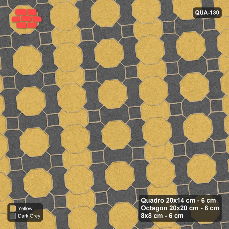 Interlock (Pasco) 20x14 cm · QUA-130 · Quadro-Octagon-8x8 grid, alternating Quadro files, 5 deg (Mustard Slate), Kerb 54B kerb · Top view Interlock (Pasco) 20x14 cm · QUA-130 · Quadro-Octagon-8x8 grid, alternating Quadro files, 5 deg (Mustard Slate), Kerb 54B kerb · Top view