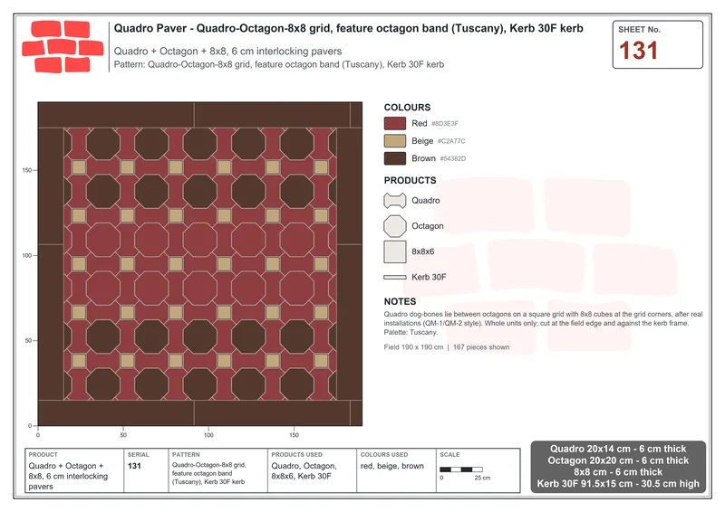 Interlock (Pasco) 20x14 cm · QUA-131 · Quadro-Octagon-8x8 grid, feature octagon band (Tuscany), Kerb 30F kerb · Laying plan