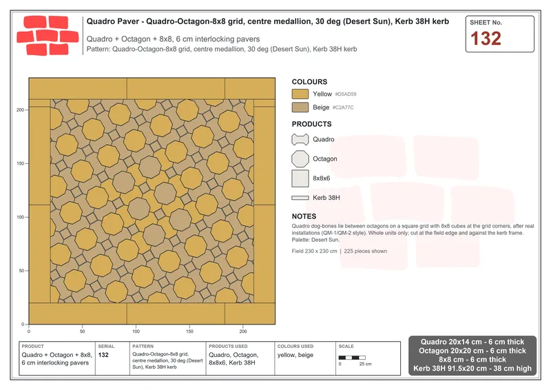 Interlock (Pasco) 20x14 cm · QUA-132 · Quadro-Octagon-8x8 grid, centre medallion, 30 deg (Desert Sun), Kerb 38H kerb · Laying plan