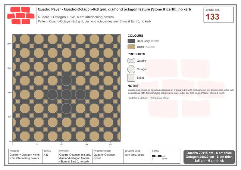 Interlock (Pasco) 20x14 cm · QUA-133 · Quadro-Octagon-8x8 grid, diamond octagon feature (Stone & Earth), no kerb · Laying plan