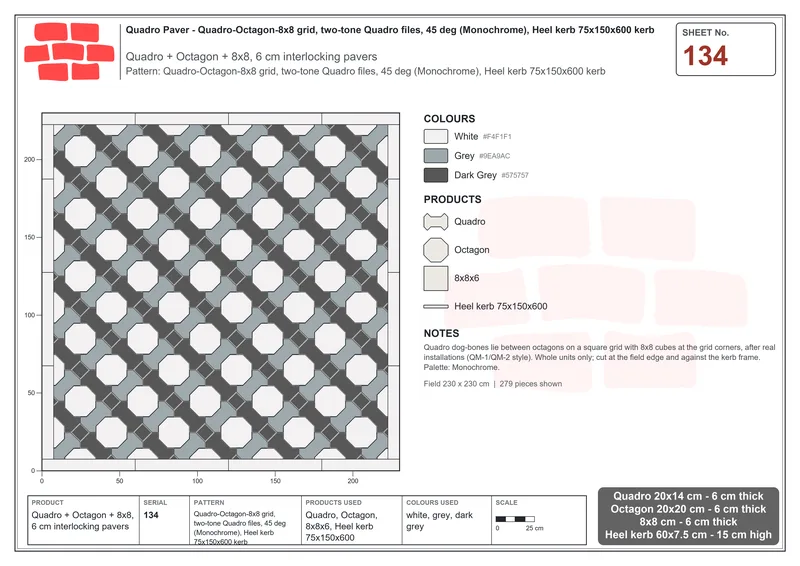 Interlock (Pasco) 20x14 cm · QUA-134 · Quadro-Octagon-8x8 grid, two-tone Quadro files, 45 deg (Monochrome), Heel kerb 75x150x600 kerb · Laying plan