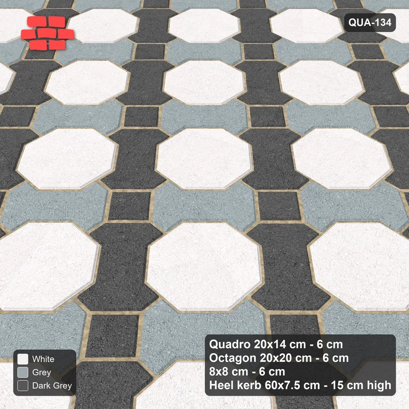 Interlock (Pasco) 20x14 cm · QUA-134 · Quadro-Octagon-8x8 grid, two-tone Quadro files, 45 deg (Monochrome), Heel kerb 75x150x600 kerb · Side view Interlock (Pasco) 20x14 cm · QUA-134 · Quadro-Octagon-8x8 grid, two-tone Quadro files, 45 deg (Monochrome), Heel kerb 75x150x600 kerb · Side view