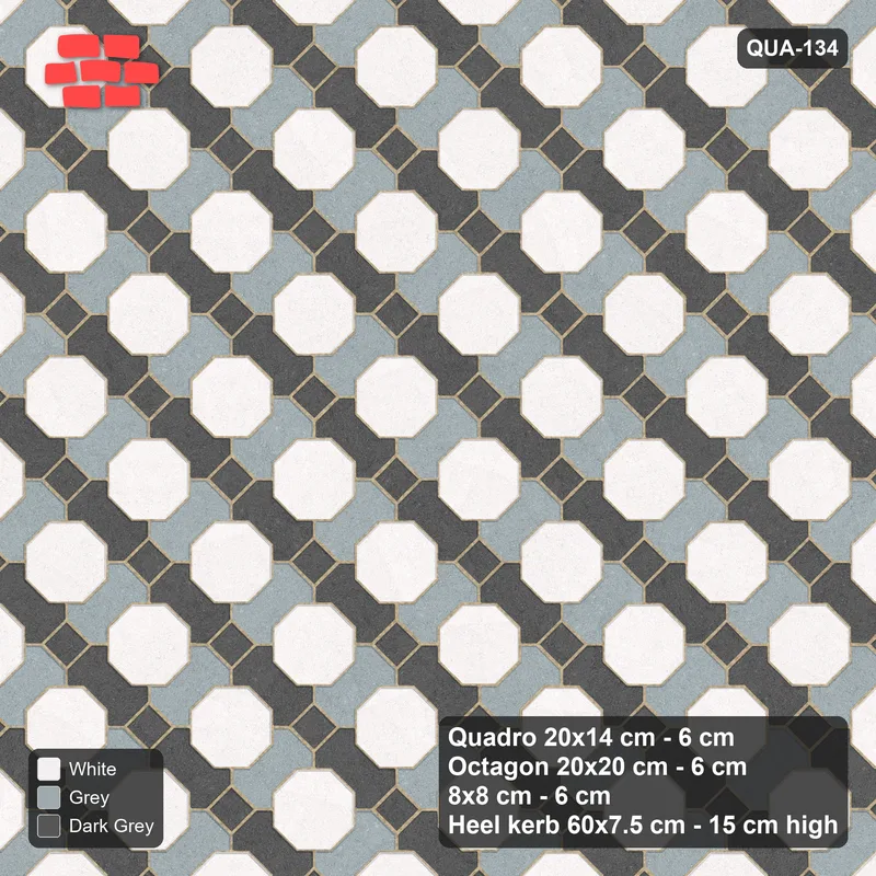 Interlock (Pasco) 20x14 cm · QUA-134 · Quadro-Octagon-8x8 grid, two-tone Quadro files, 45 deg (Monochrome), Heel kerb 75x150x600 kerb · Top view Interlock (Pasco) 20x14 cm · QUA-134 · Quadro-Octagon-8x8 grid, two-tone Quadro files, 45 deg (Monochrome), Heel kerb 75x150x600 kerb · Top view