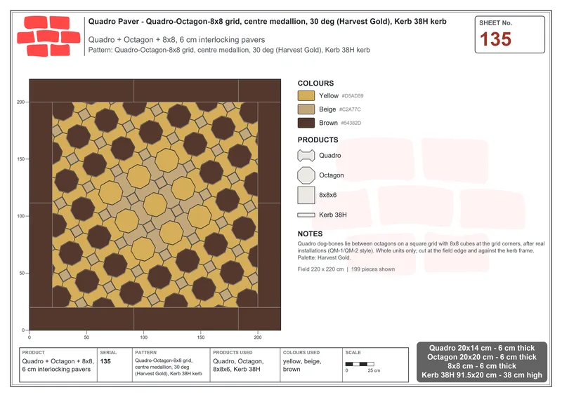 Interlock (Pasco) 20x14 cm · QUA-135 · Quadro-Octagon-8x8 grid, centre medallion, 30 deg (Harvest Gold), Kerb 38H kerb · Laying plan