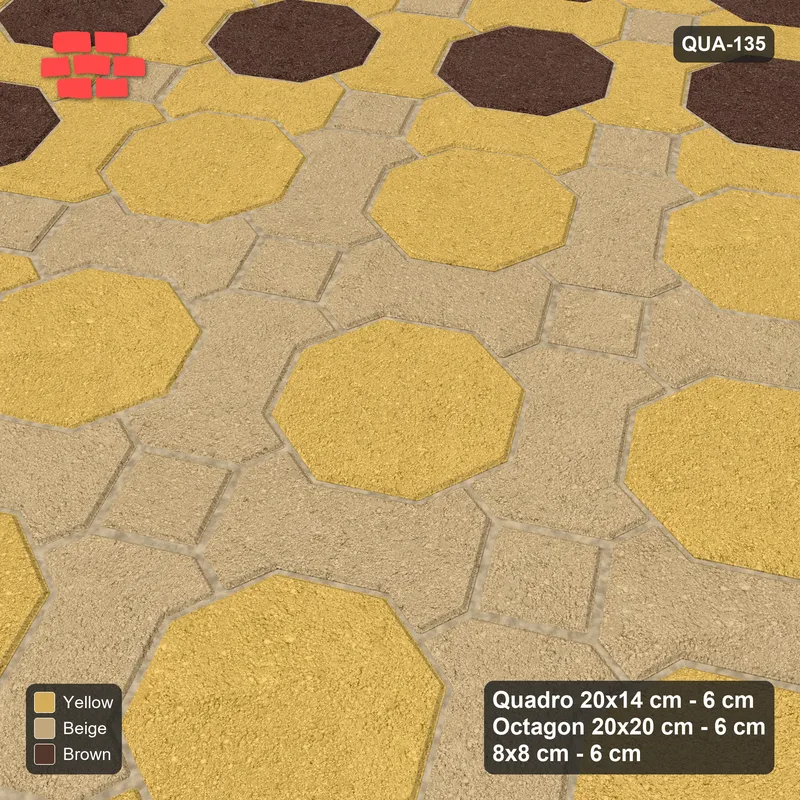 Interlock (Pasco) 20x14 cm · QUA-135 · Quadro-Octagon-8x8 grid, centre medallion, 30 deg (Harvest Gold), Kerb 38H kerb · Side view Interlock (Pasco) 20x14 cm · QUA-135 · Quadro-Octagon-8x8 grid, centre medallion, 30 deg (Harvest Gold), Kerb 38H kerb · Side view