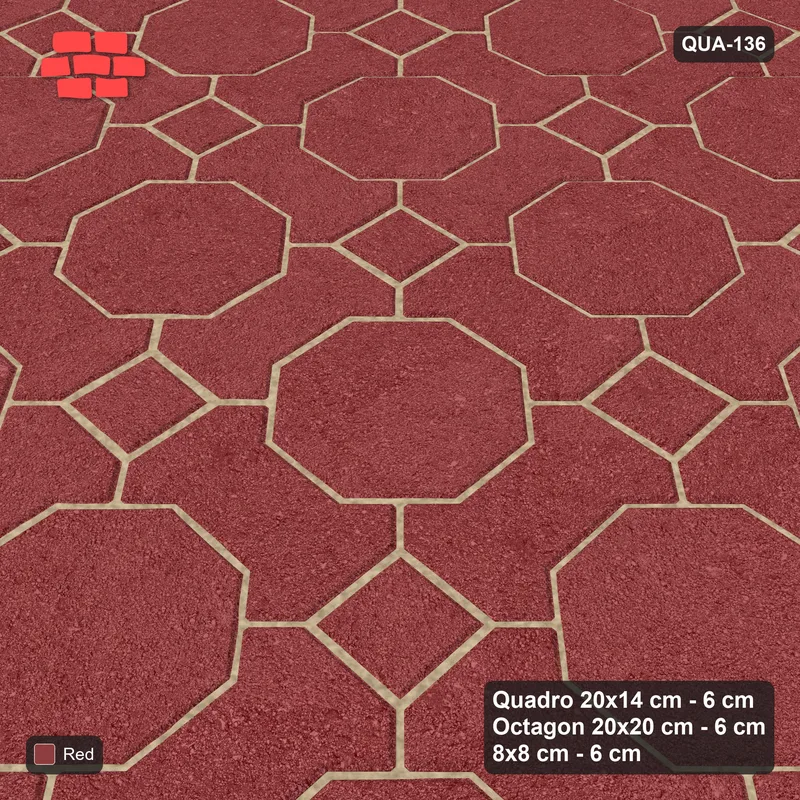Interlock (Pasco) 20x14 cm · QUA-136 · Quadro-Octagon-8x8 grid, uniform roles (Terracotta Red), no kerb · Side view Interlock (Pasco) 20x14 cm · QUA-136 · Quadro-Octagon-8x8 grid, uniform roles (Terracotta Red), no kerb · Side view