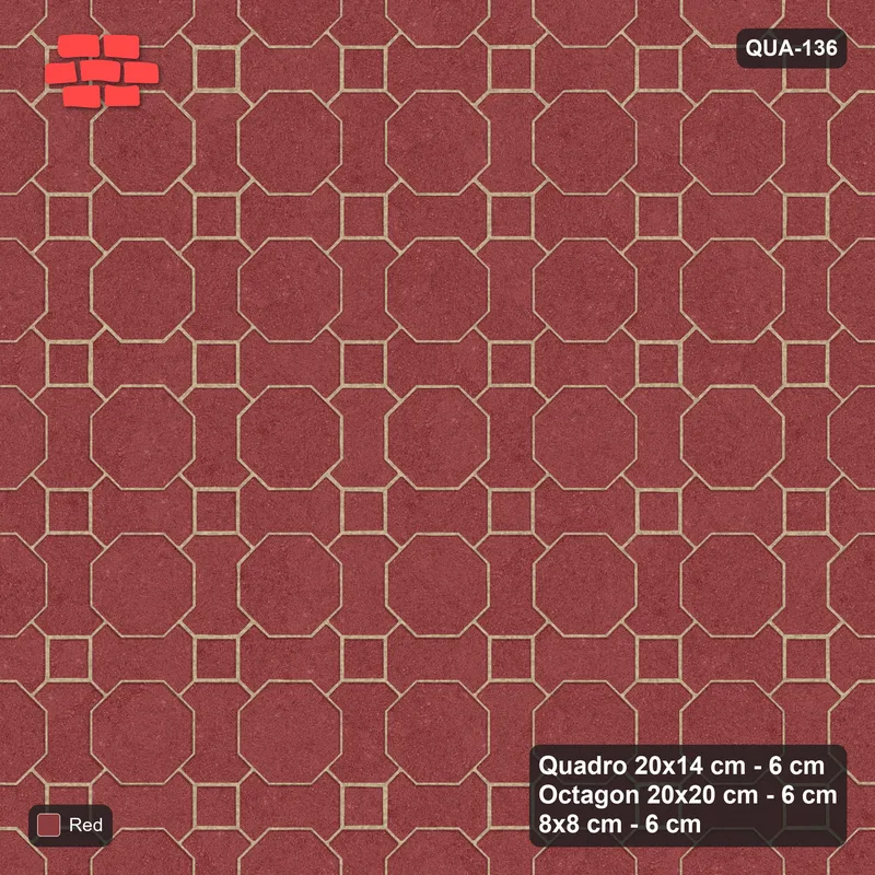 Interlock (Pasco) 20x14 cm · QUA-136 · Quadro-Octagon-8x8 grid, uniform roles (Terracotta Red), no kerb · Top view Interlock (Pasco) 20x14 cm · QUA-136 · Quadro-Octagon-8x8 grid, uniform roles (Terracotta Red), no kerb · Top view