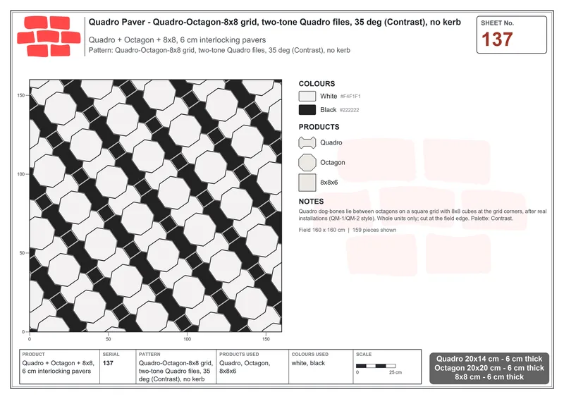 Interlock (Pasco) 20x14 cm · QUA-137 · Quadro-Octagon-8x8 grid, two-tone Quadro files, 35 deg (Contrast), no kerb · Laying plan