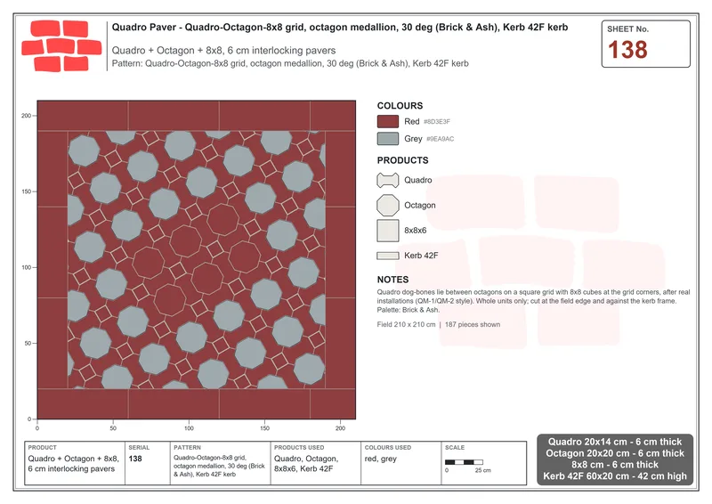 Interlock (Pasco) 20x14 cm · QUA-138 · Quadro-Octagon-8x8 grid, octagon medallion, 30 deg (Brick & Ash), Kerb 42F kerb · Laying plan
