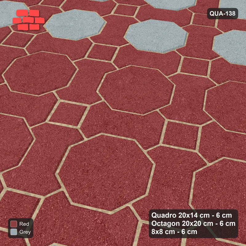 Interlock (Pasco) 20x14 cm · QUA-138 · Quadro-Octagon-8x8 grid, octagon medallion, 30 deg (Brick & Ash), Kerb 42F kerb · Side view Interlock (Pasco) 20x14 cm · QUA-138 · Quadro-Octagon-8x8 grid, octagon medallion, 30 deg (Brick & Ash), Kerb 42F kerb · Side view