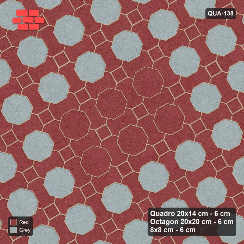 Interlock (Pasco) 20x14 cm · QUA-138 · Quadro-Octagon-8x8 grid, octagon medallion, 30 deg (Brick & Ash), Kerb 42F kerb · Top view Interlock (Pasco) 20x14 cm · QUA-138 · Quadro-Octagon-8x8 grid, octagon medallion, 30 deg (Brick & Ash), Kerb 42F kerb · Top view