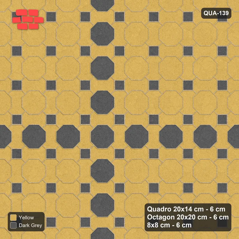 Interlock (Pasco) 20x14 cm · QUA-139 · Quadro-Octagon-8x8 grid, octagon cross (Mustard Slate), no kerb · Top view Interlock (Pasco) 20x14 cm · QUA-139 · Quadro-Octagon-8x8 grid, octagon cross (Mustard Slate), no kerb · Top view