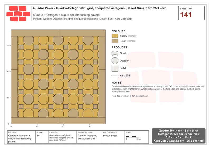 Interlock (Pasco) 20x14 cm · QUA-141 · Quadro-Octagon-8x8 grid, chequered octagons (Desert Sun), Kerb 25B kerb · Laying plan