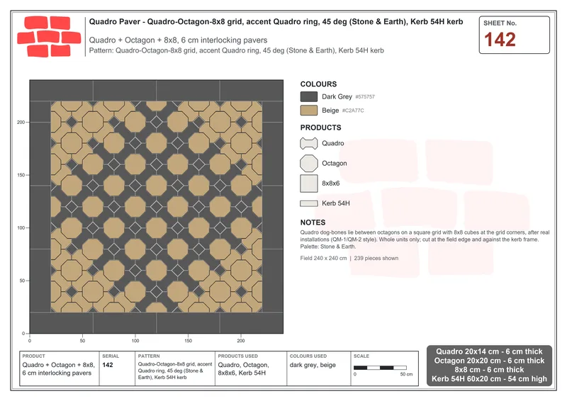 Interlock (Pasco) 20x14 cm · QUA-142 · Quadro-Octagon-8x8 grid, accent Quadro ring, 45 deg (Stone & Earth), Kerb 54H kerb · Laying plan