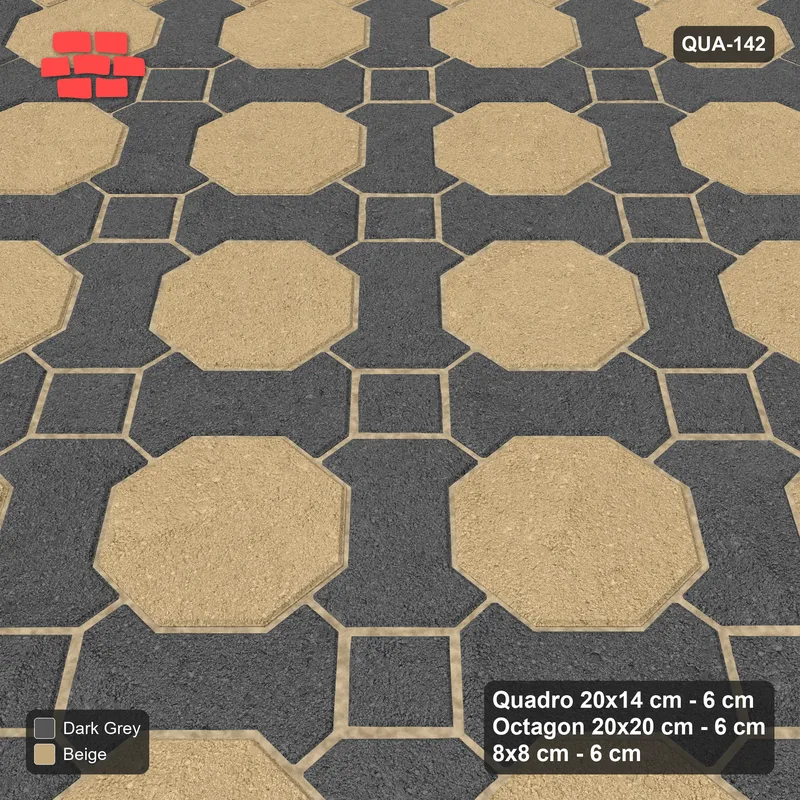Interlock (Pasco) 20x14 cm · QUA-142 · Quadro-Octagon-8x8 grid, accent Quadro ring, 45 deg (Stone & Earth), Kerb 54H kerb · Side view Interlock (Pasco) 20x14 cm · QUA-142 · Quadro-Octagon-8x8 grid, accent Quadro ring, 45 deg (Stone & Earth), Kerb 54H kerb · Side view