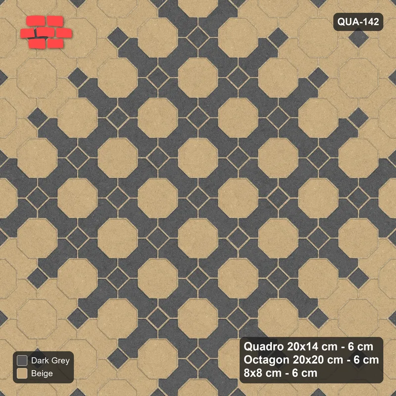 Interlock (Pasco) 20x14 cm · QUA-142 · Quadro-Octagon-8x8 grid, accent Quadro ring, 45 deg (Stone & Earth), Kerb 54H kerb · Top view Interlock (Pasco) 20x14 cm · QUA-142 · Quadro-Octagon-8x8 grid, accent Quadro ring, 45 deg (Stone & Earth), Kerb 54H kerb · Top view