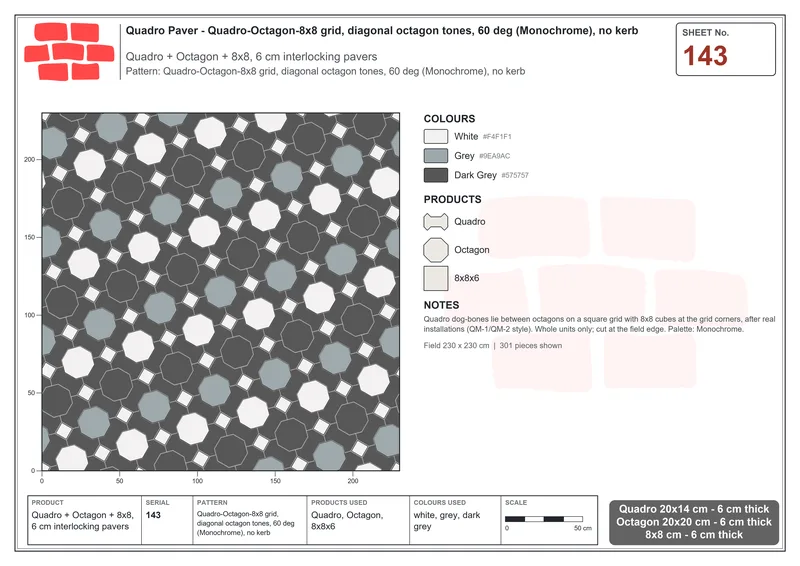 Interlock (Pasco) 20x14 cm · QUA-143 · Quadro-Octagon-8x8 grid, diagonal octagon tones, 60 deg (Monochrome), no kerb · Laying plan