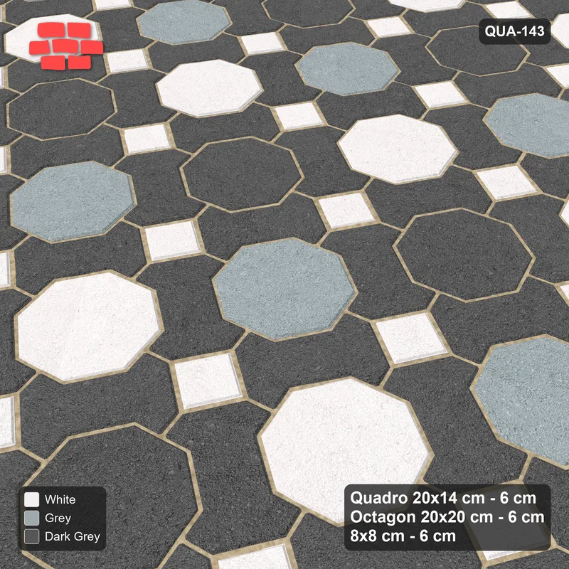 Interlock (Pasco) 20x14 cm · QUA-143 · Quadro-Octagon-8x8 grid, diagonal octagon tones, 60 deg (Monochrome), no kerb · Side view Interlock (Pasco) 20x14 cm · QUA-143 · Quadro-Octagon-8x8 grid, diagonal octagon tones, 60 deg (Monochrome), no kerb · Side view