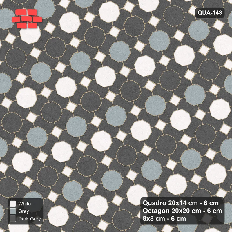 Interlock (Pasco) 20x14 cm · QUA-143 · Quadro-Octagon-8x8 grid, diagonal octagon tones, 60 deg (Monochrome), no kerb · Top view Interlock (Pasco) 20x14 cm · QUA-143 · Quadro-Octagon-8x8 grid, diagonal octagon tones, 60 deg (Monochrome), no kerb · Top view