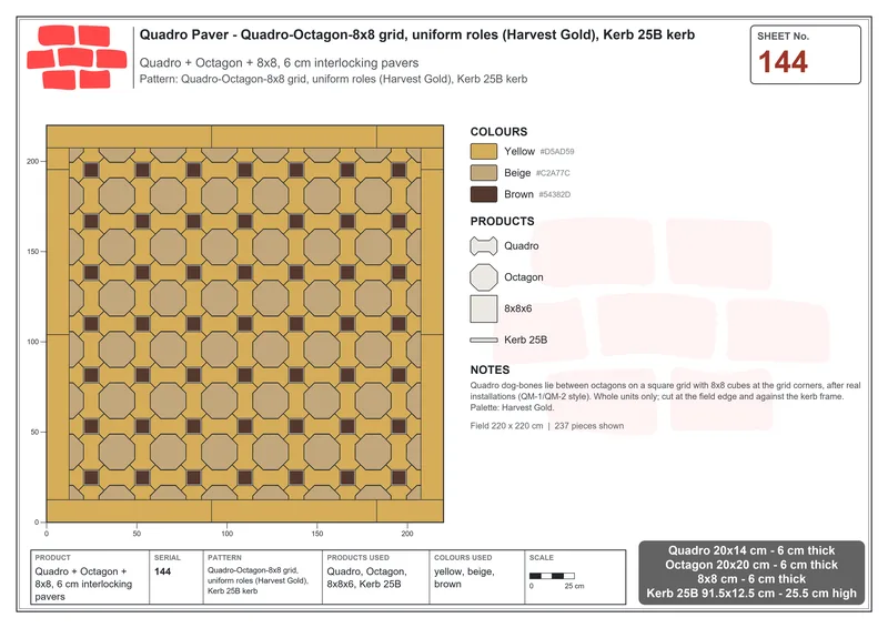 Interlock (Pasco) 20x14 cm · QUA-144 · Quadro-Octagon-8x8 grid, uniform roles (Harvest Gold), Kerb 25B kerb · Laying plan