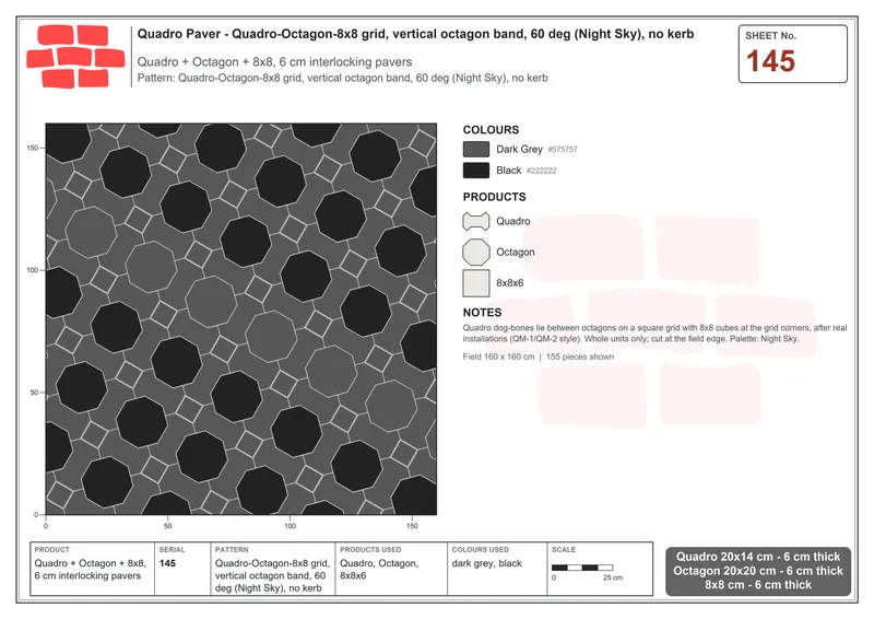 Interlock (Pasco) 20x14 cm · QUA-145 · Quadro-Octagon-8x8 grid, vertical octagon band, 60 deg (Night Sky), no kerb · Laying plan