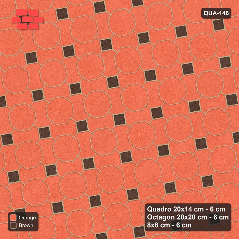 Interlock (Pasco) 20x14 cm · QUA-146 · Quadro-Octagon-8x8 grid, uniform roles, 10 deg (Burnt Clay), Kerb 30F kerb · Top view Interlock (Pasco) 20x14 cm · QUA-146 · Quadro-Octagon-8x8 grid, uniform roles, 10 deg (Burnt Clay), Kerb 30F kerb · Top view