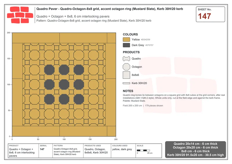 Interlock (Pasco) 20x14 cm · QUA-147 · Quadro-Octagon-8x8 grid, accent octagon ring (Mustard Slate), Kerb 30H/20 kerb · Laying plan