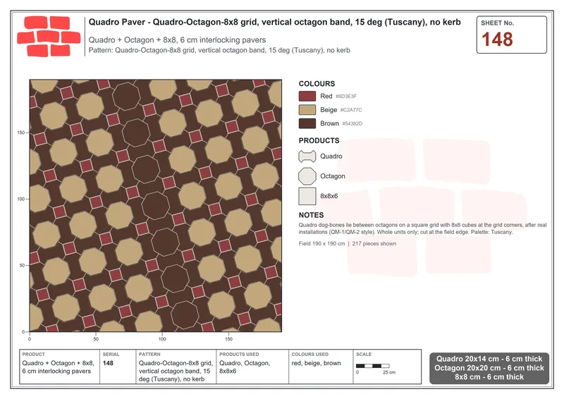 Interlock (Pasco) 20x14 cm · QUA-148 · Quadro-Octagon-8x8 grid, vertical octagon band, 15 deg (Tuscany), no kerb · Laying plan
