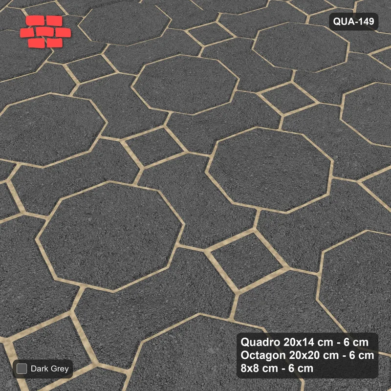 Interlock (Pasco) 20x14 cm · QUA-149 · Quadro-Octagon-8x8 grid, uniform roles, 75 deg (Charcoal), Kerb 30F kerb · Side view Interlock (Pasco) 20x14 cm · QUA-149 · Quadro-Octagon-8x8 grid, uniform roles, 75 deg (Charcoal), Kerb 30F kerb · Side view