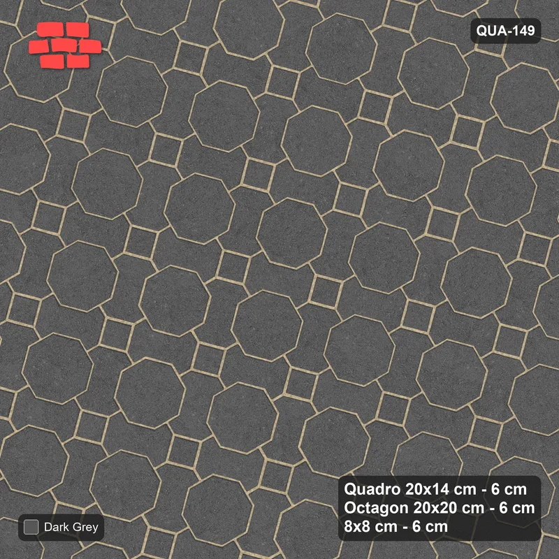 Interlock (Pasco) 20x14 cm · QUA-149 · Quadro-Octagon-8x8 grid, uniform roles, 75 deg (Charcoal), Kerb 30F kerb · Top view Interlock (Pasco) 20x14 cm · QUA-149 · Quadro-Octagon-8x8 grid, uniform roles, 75 deg (Charcoal), Kerb 30F kerb · Top view