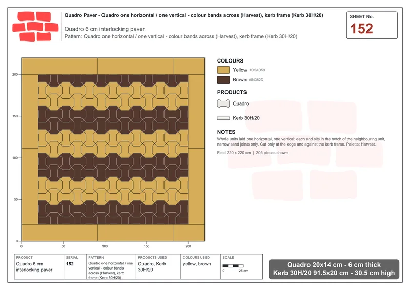Interlock (Pasco) 20x14 cm · QUA-152 · Quadro one horizontal / one vertical - colour bands across (Harvest), kerb frame (Kerb 30H/20) · Laying plan