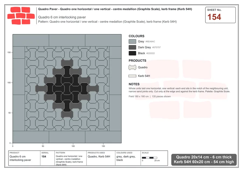 Interlock (Pasco) 20x14 cm · QUA-154 · Quadro one horizontal / one vertical - centre medallion (Graphite Scale), kerb frame (Kerb 54H) · Laying plan