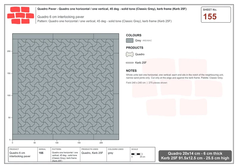 Interlock (Pasco) 20x14 cm · QUA-155 · Quadro one horizontal / one vertical, 45 deg - solid tone (Classic Grey), kerb frame (Kerb 25F) · Laying plan