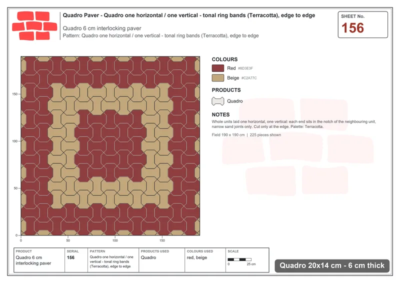 Interlock (Pasco) 20x14 cm · QUA-156 · Quadro one horizontal / one vertical - tonal ring bands (Terracotta), edge to edge · Laying plan
