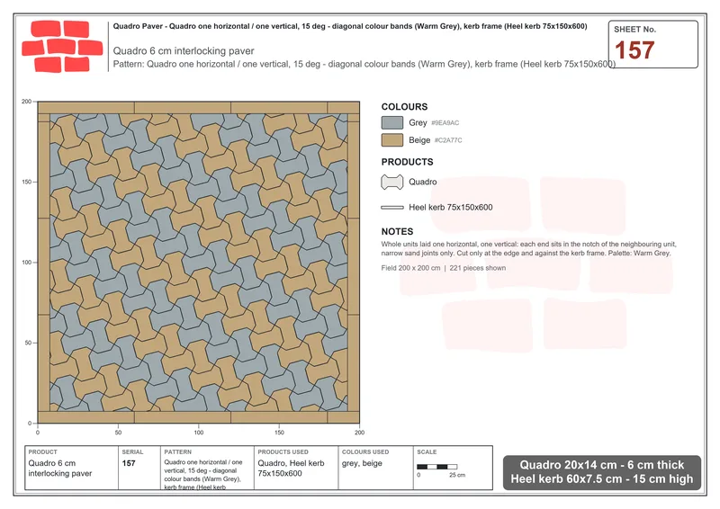 Interlock (Pasco) 20x14 cm · QUA-157 · Quadro one horizontal / one vertical, 15 deg - diagonal colour bands (Warm Grey), kerb frame (Heel kerb 75x150x600) · Laying plan
