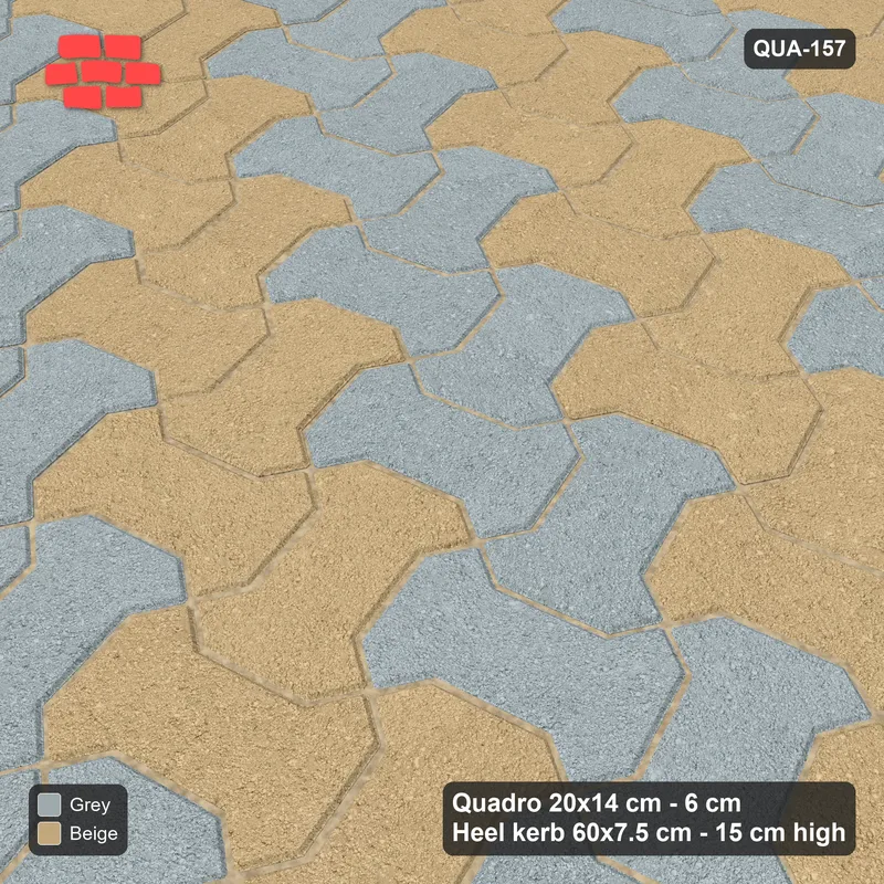 Interlock (Pasco) 20x14 cm · QUA-157 · Quadro one horizontal / one vertical, 15 deg - diagonal colour bands (Warm Grey), kerb frame (Heel kerb 75x150x600) · Side view Interlock (Pasco) 20x14 cm · QUA-157 · Quadro one horizontal / one vertical, 15 deg - diagonal colour bands (Warm Grey), kerb frame (Heel kerb 75x150x600) · Side view