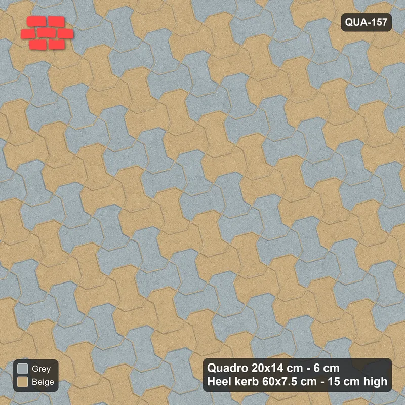 Interlock (Pasco) 20x14 cm · QUA-157 · Quadro one horizontal / one vertical, 15 deg - diagonal colour bands (Warm Grey), kerb frame (Heel kerb 75x150x600) · Top view Interlock (Pasco) 20x14 cm · QUA-157 · Quadro one horizontal / one vertical, 15 deg - diagonal colour bands (Warm Grey), kerb frame (Heel kerb 75x150x600) · Top view