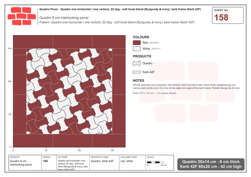 Interlock (Pasco) 20x14 cm · QUA-158 · Quadro one horizontal / one vertical, 22 deg - soft tonal blend (Burgundy & Ivory), kerb frame (Kerb 42F) · Laying plan