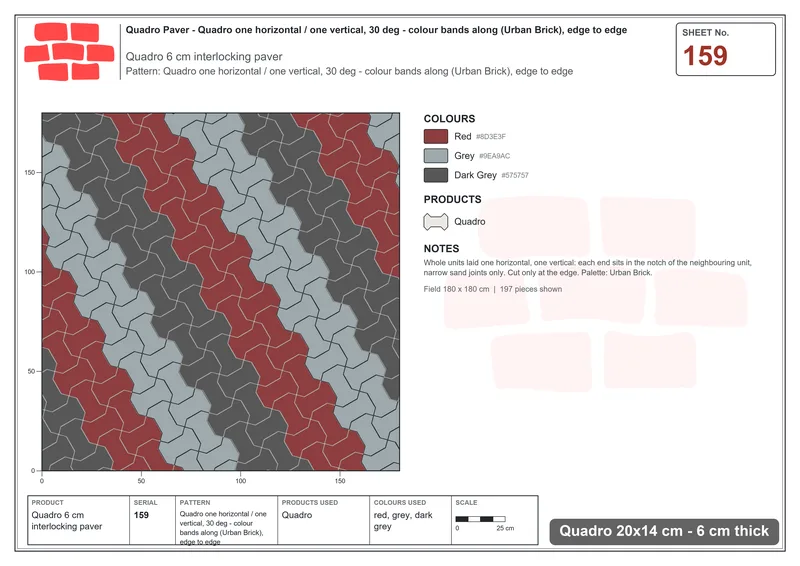 Interlock (Pasco) 20x14 cm · QUA-159 · Quadro one horizontal / one vertical, 30 deg - colour bands along (Urban Brick), edge to edge · Laying plan
