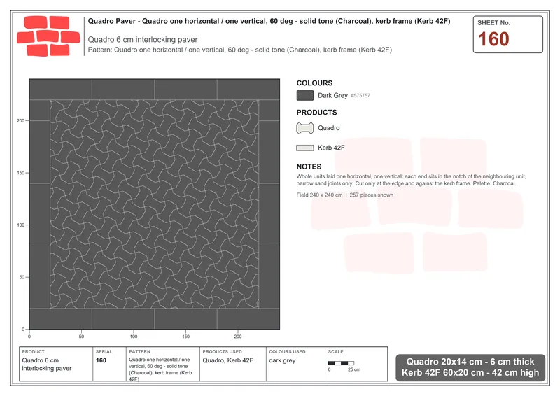Interlock (Pasco) 20x14 cm · QUA-160 · Quadro one horizontal / one vertical, 60 deg - solid tone (Charcoal), kerb frame (Kerb 42F) · Laying plan