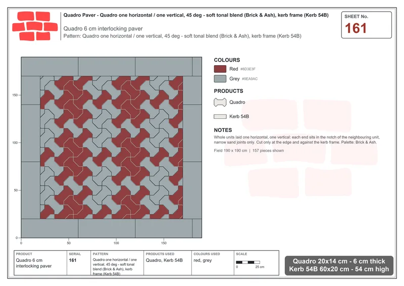 Interlock (Pasco) 20x14 cm · QUA-161 · Quadro one horizontal / one vertical, 45 deg - soft tonal blend (Brick & Ash), kerb frame (Kerb 54B) · Laying plan