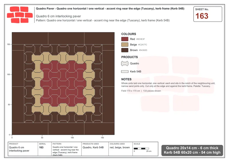 Interlock (Pasco) 20x14 cm · QUA-163 · Quadro one horizontal / one vertical - accent ring near the edge (Tuscany), kerb frame (Kerb 54B) · Laying plan