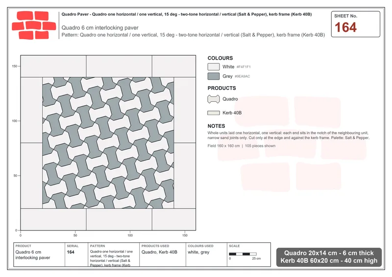 Interlock (Pasco) 20x14 cm · QUA-164 · Quadro one horizontal / one vertical, 15 deg - two-tone horizontal / vertical (Salt & Pepper), kerb frame (Kerb 40B) · Laying plan