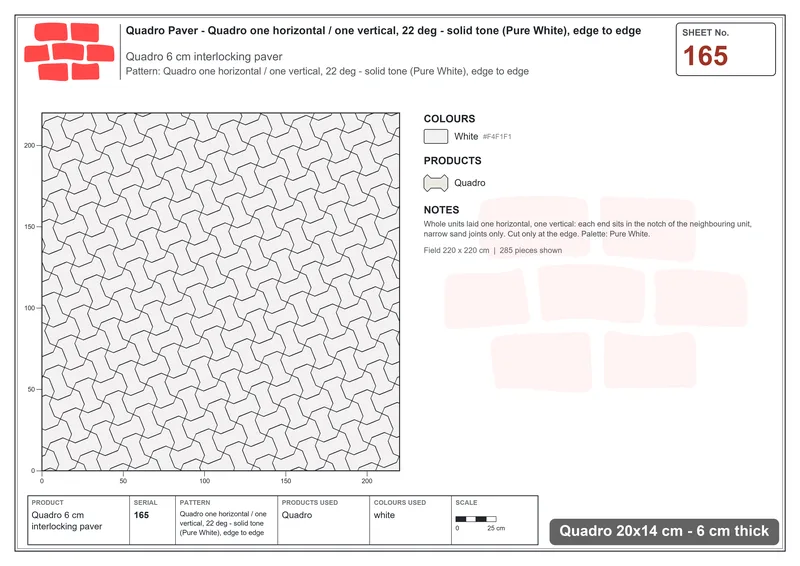Interlock (Pasco) 20x14 cm · QUA-165 · Quadro one horizontal / one vertical, 22 deg - solid tone (Pure White), edge to edge · Laying plan