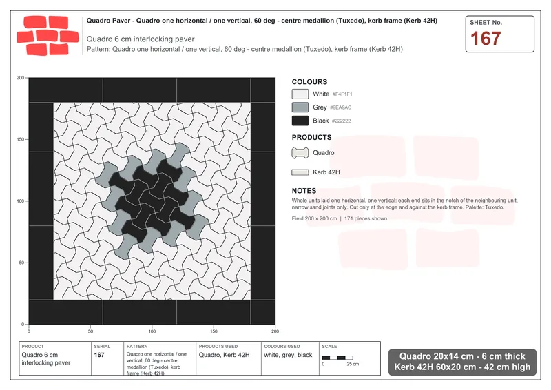 Interlock (Pasco) 20x14 cm · QUA-167 · Quadro one horizontal / one vertical, 60 deg - centre medallion (Tuxedo), kerb frame (Kerb 42H) · Laying plan