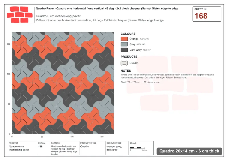 Interlock (Pasco) 20x14 cm · QUA-168 · Quadro one horizontal / one vertical, 45 deg - 2x2 block chequer (Sunset Slate), edge to edge · Laying plan